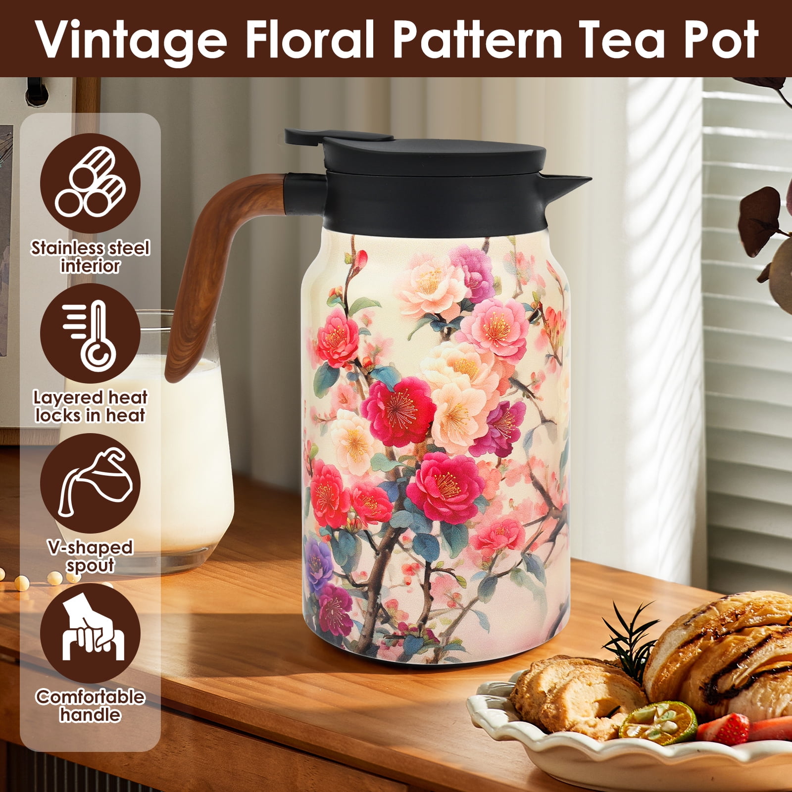 Qenwkxz 50.73 oz Insulated Teapot, White Vintage Floral Pattern Tea Pot with Infuser, Stainless Steel Thermal Teapot with Lid, Wooden Handle Thermal Carafe for Hot Drinks Coffee