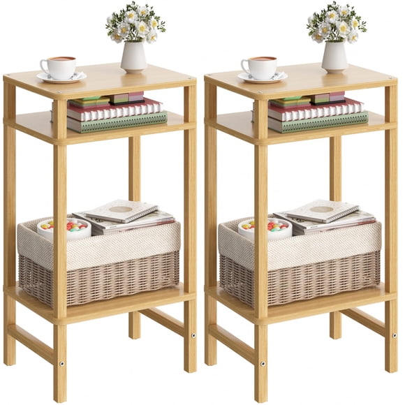 Mesa auxiliar YUFAM Bamboo de 70 cm de altura, juego de 2 unidades de 3 niveles con almacenamiento