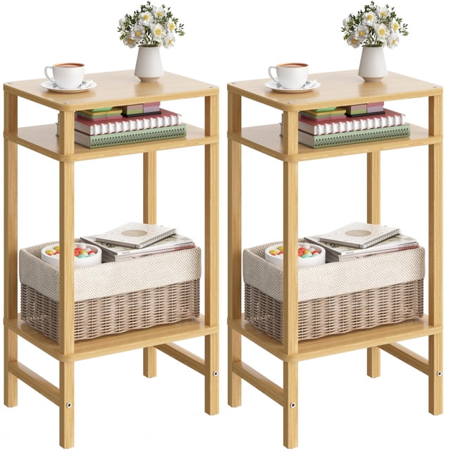 Mesa auxiliar YUFAM Bamboo de 70 cm de altura, juego de 2 unidades de 3 niveles con almacenamiento