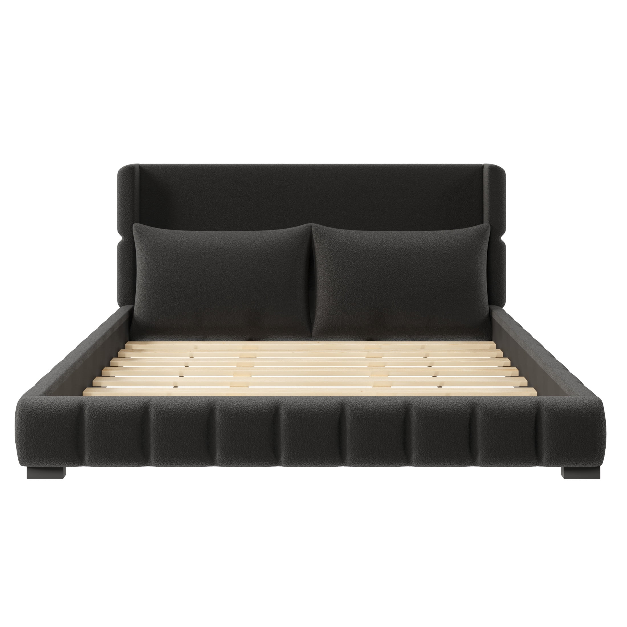 Noble House Rowena King Size Velvet Upholstered Platform Bed with Matching Pillows, Sturdy Wood Frame, Black