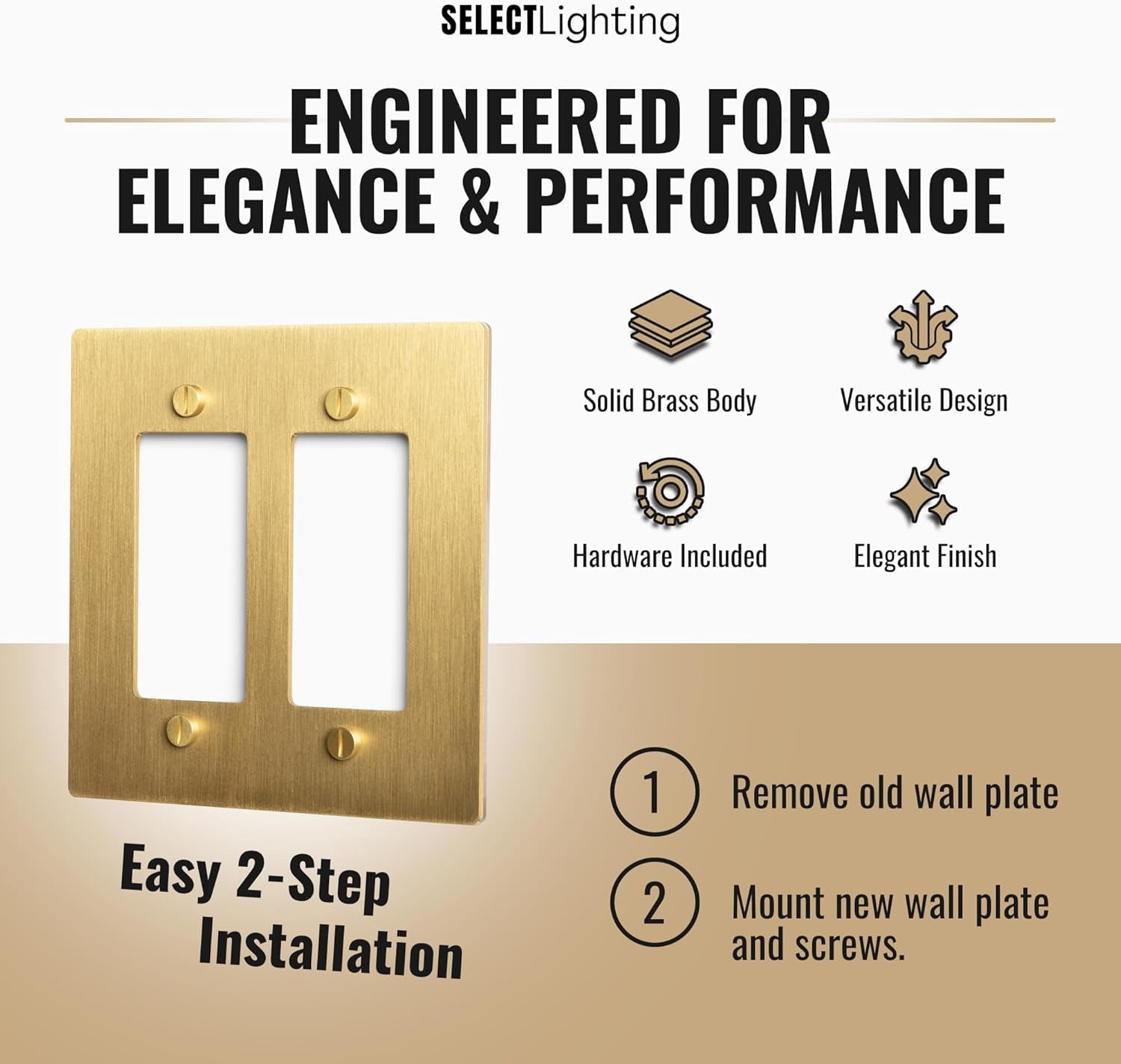Select 2-Gang Satin Brass Wall Plate, Electrical Receptacle Wall Outlet Faceplate, GFI/Rocker Decorator Light Switch Cover