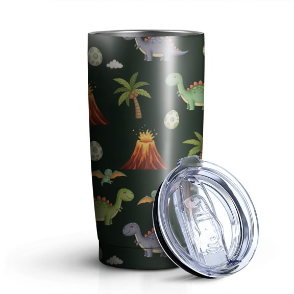 20oz Tumblers Dark Green Toned Dinosaur and Volcano Pattern Stainless Steel Vacuum Insulated Double Wall Travel Tumbler Cups Mug with Lid and Straw,Cleaning Brush for Cold & Hot Drinks