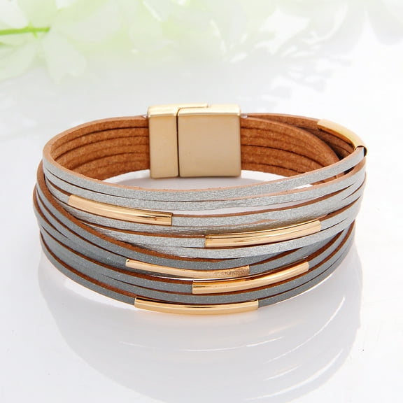 Two Tone Imitation Leather Multi-strand Bracelets for Women with Golden Magnetic Clasps WhiteSmoke 7-5/8 inch(19.5cm)