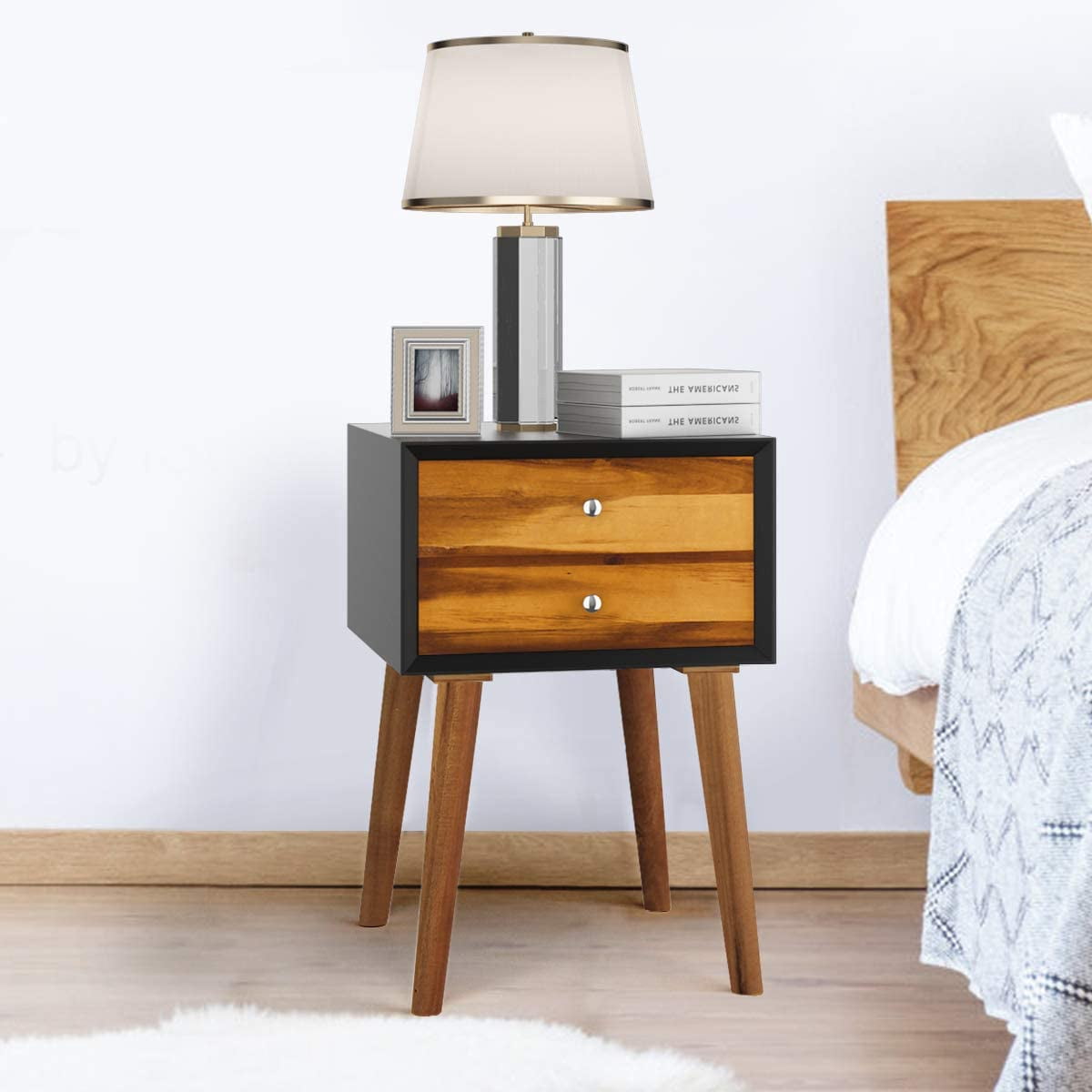 Giantex End Side Table Nightstand with Storage Drawer and Shelf, Wood Nightstand with 2-Drawers, Solid Wood Legs Living Room Bedroom Furniture