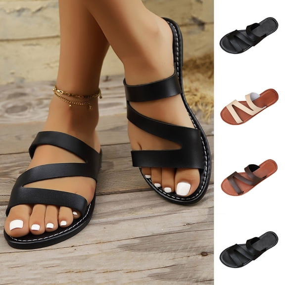 Hurxie Women's Cross Strappy Leather Flats Sandal Cute Dressy Toe Ring Open Toe Slip on Slide Sandals Beige 39