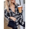 thumbnail image 3 of Camisa a cuadros para mujer, manga larga, cuello de solapa, camisa informal holgada con bolsillos en el pecho para uso diario, oficina, escuela, negro, XL, 3 of 6