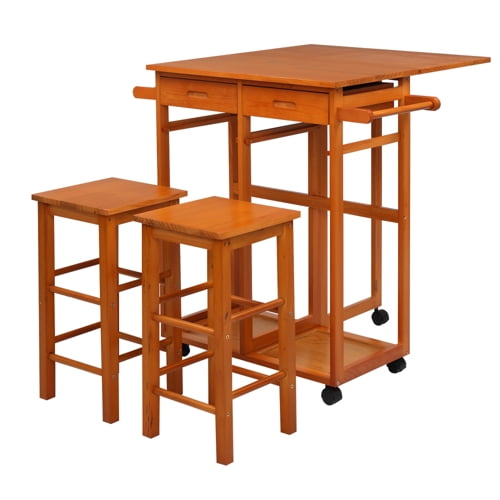VINGLI Small Kitchen Island with Stools Solid Wood Foldable Dining