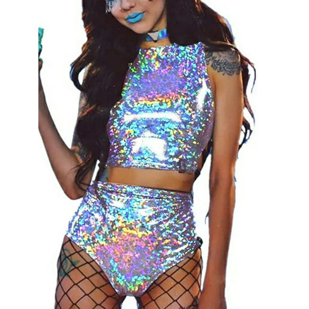 Women Rave Outfit Cosplay Shorts Set Holographic Metallic Backless Bandage  Tank Top Drawstring Booty Shorts 