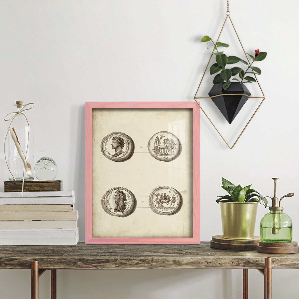 Antique Roman Coins VI -Framed Print w/glass-Sunset Pink