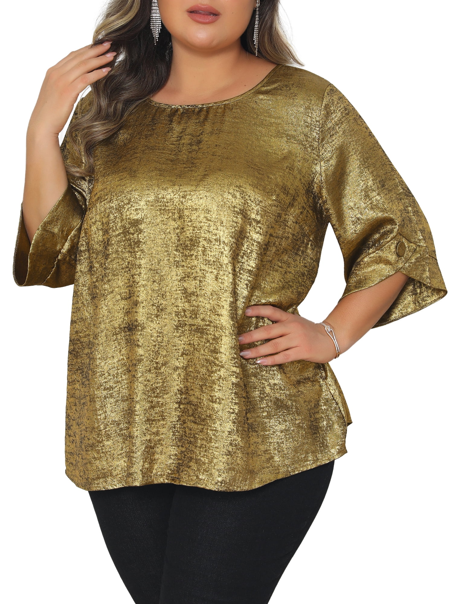 DARING DIVA Women's Plus Metallic Tops Sparkly Crew Neck Loose Shirts 1X Gold
