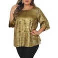 thumbnail image 2 of DARING DIVA Women's Plus Metallic Tops Sparkly Crew Neck Loose Shirts 1X Gold, 2 of 6