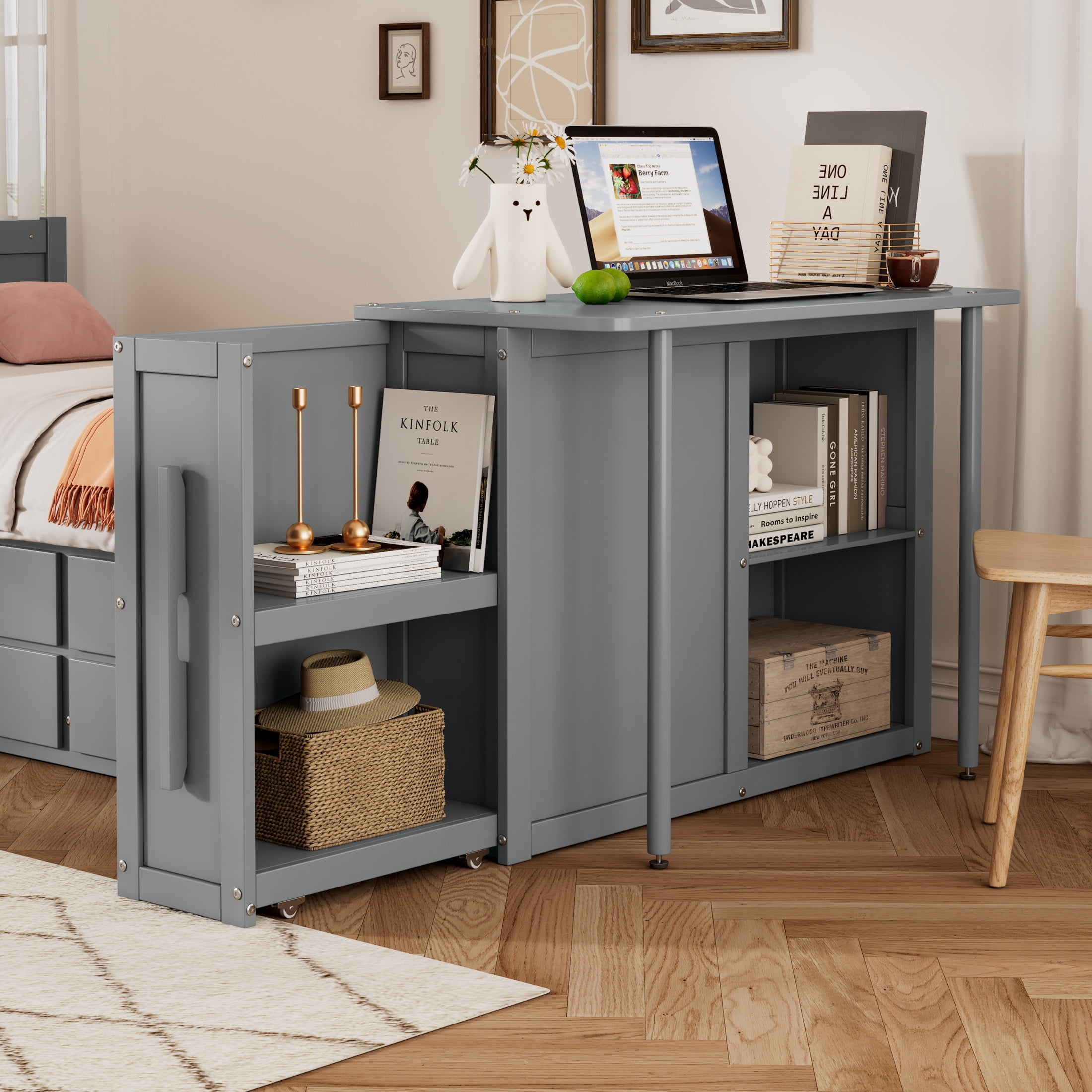 Noble House Twin Size Multifunctional Platform Bed with Trundle, 3 Drawers, Desk and Storage Shelf, Gray