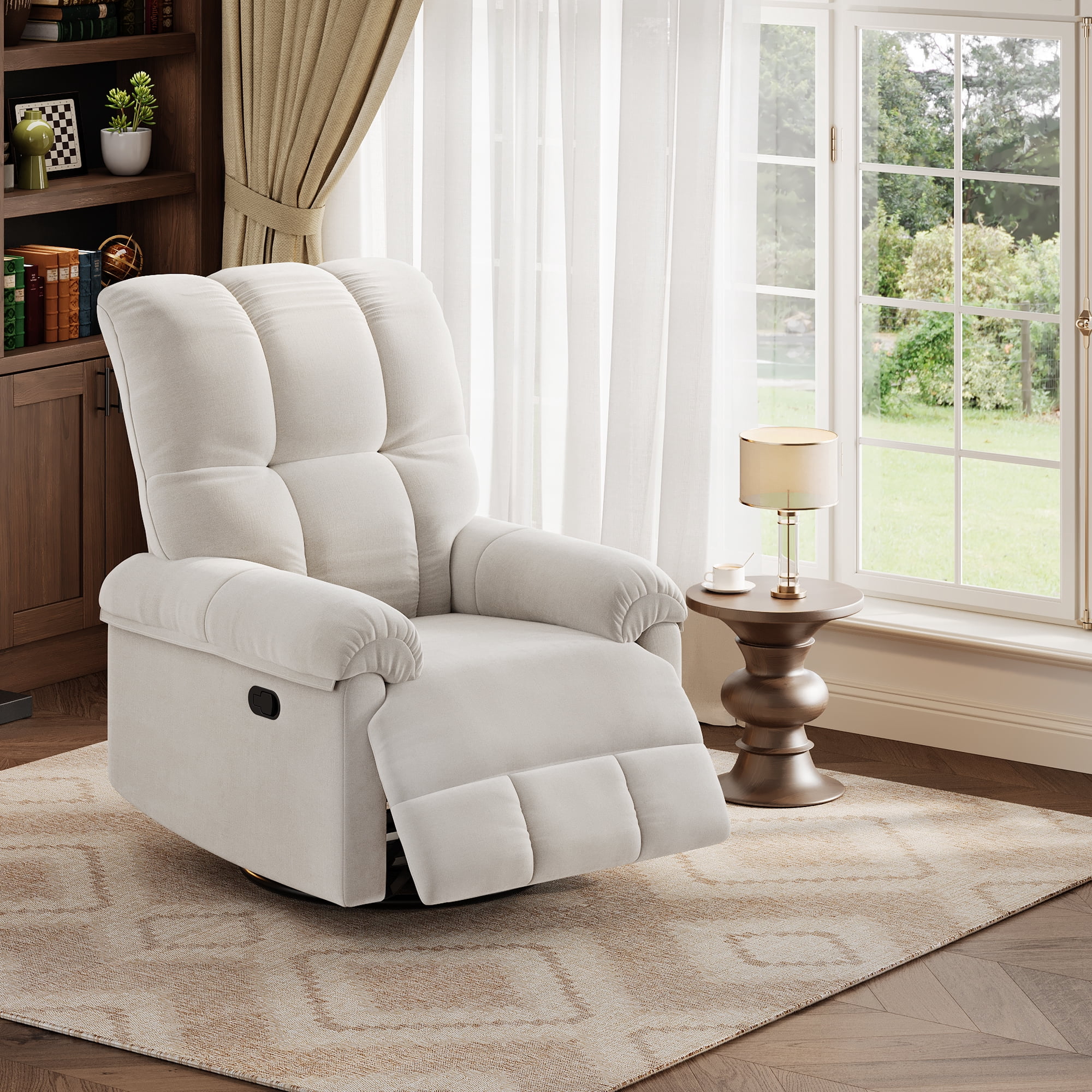 OUTWIND Oversized Swivel Rocking Recliner Chair - Manual Recline, 360° Swivel Glider Nursery Rocker, Chenille Upholstered Deep Seat, Padded Armrests, Lumbar Support - Light Neutral