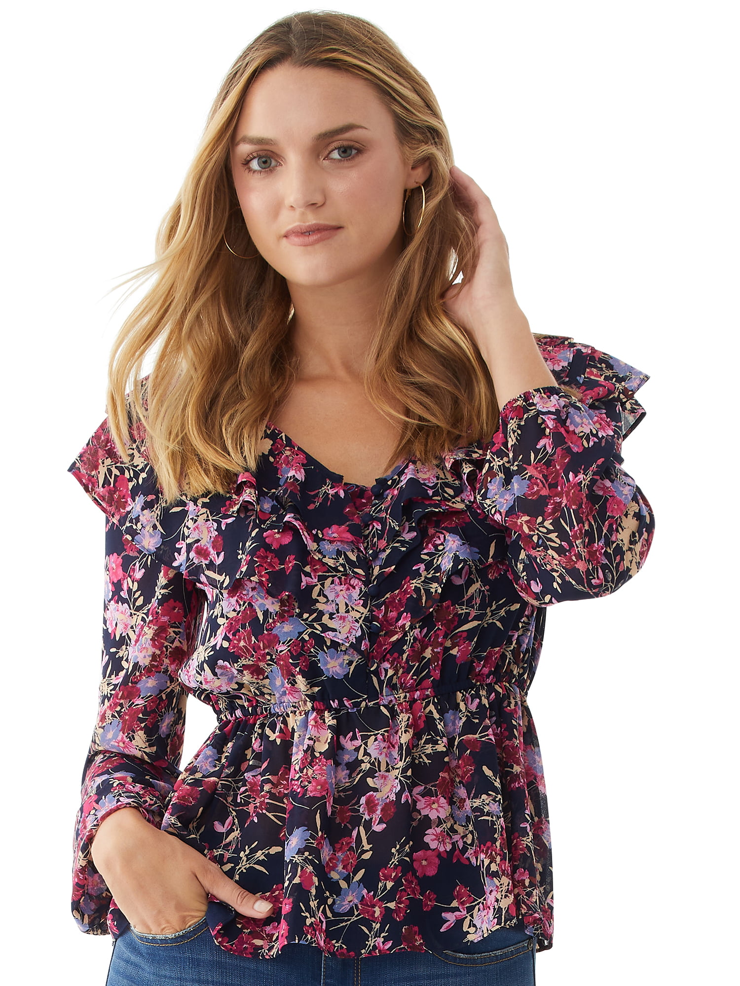 Scoop Women's Printed Ruffle Blouse with Long Sleeves - Walmart.com