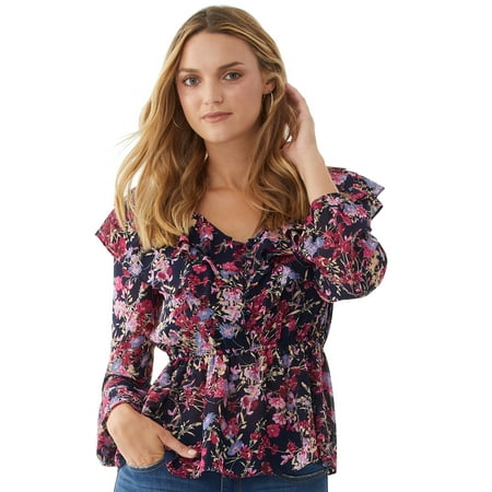 Scoop Women's Printed Ruffle Blouse with Long Sleeves