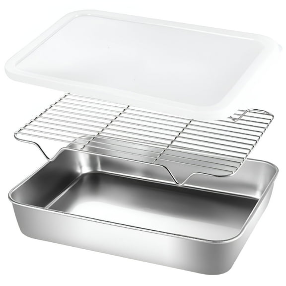 ACDANC 1 Set of Stainless Steel Roasting Pan with Rack Kitchen Storage Pan Oil Straining Grill Plate