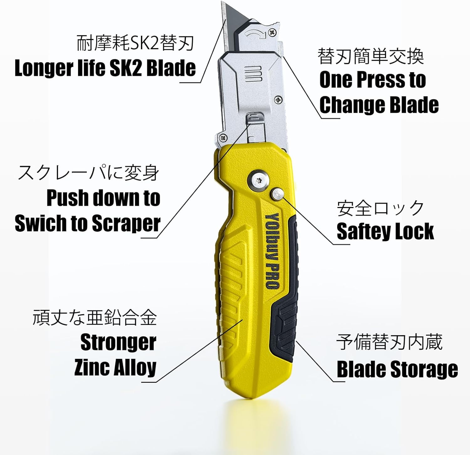 Foldable Utility Knife with Scraper Function, Holds 2 Replacement Blades, Zinc Alloy Body, 2 Replacement Blade