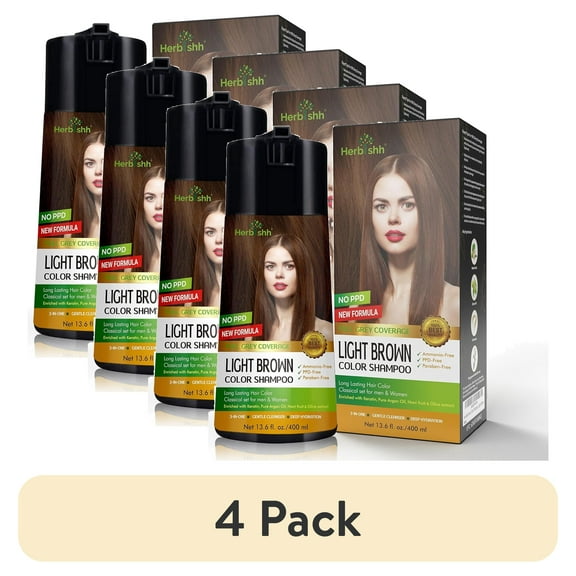 (4 pack) Herbishh Light Brown PPD-Free Hair Color Shampoo for Gray Hair, Hair Dye Shampoo 3 in 1, 100% Gray Coverage, Permanent Hair Color for Men & Women, Ammonia-free, 400 ml