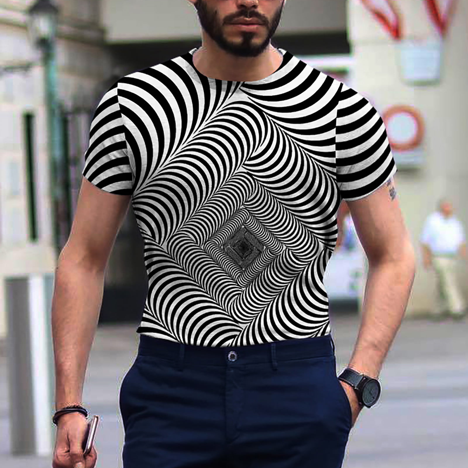 3D Optical Illusion Print T-Shirts for Men Funny Tunnel Pattern Crewneck  Short Sleeve Graphics Tees Shirt