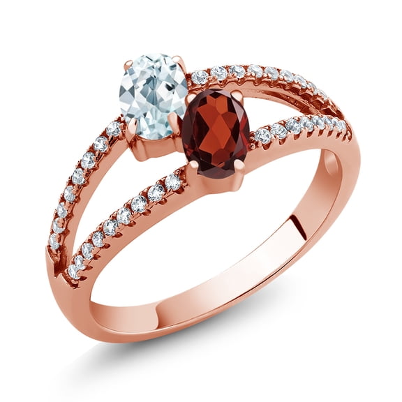 Gem Stone King 1.48 Ct Oval Sky Blue Aquamarine Red Garnet 18K Rose Gold Plated Silver Ring (Size 6)