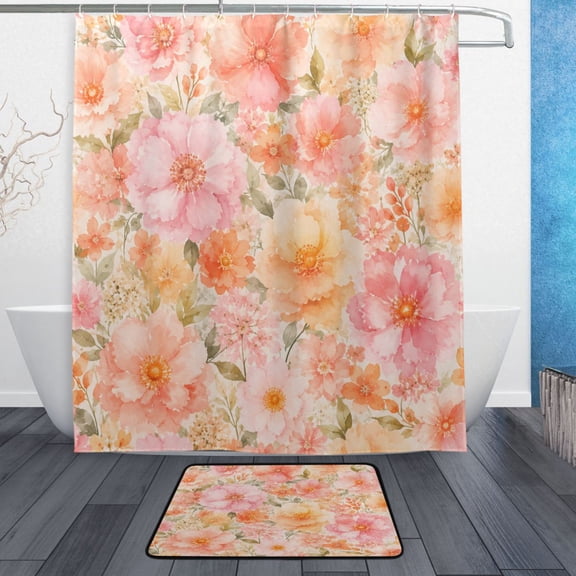 TTYFWHD 60" x 72" Shower Curtain and Bath Mat Set Soft Peach Peony Floral Print Waterproof Bathroom Curtain with 12 Hooks, Bathroom Decor Set