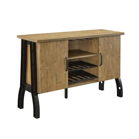 Metal Frame Wooden Server With Two Cabinets And Open Shelves, Oak Brown And