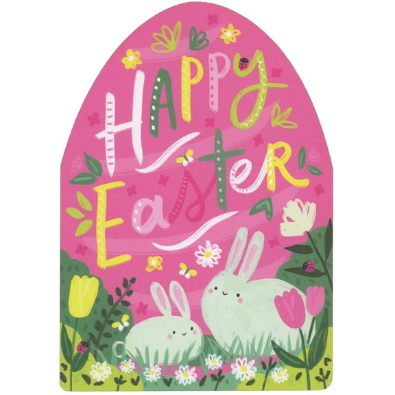 RSVP Light Green Bunnies, Tulips and Large Pink Die Cut Egg Easter Card for Young Granddaughter