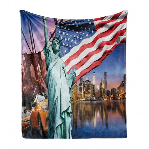 United States Soft Flannel Fleece Throw Blanket, USA Touristic Concept of Liberty NYC Cityscape Flag Cars Illustration, Cozy Plush for Indoor and Outdoor Use, 60" x 80", Multicolor, by Ambesonne