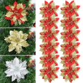 thumbnail image 2 of 3/5/10 piezas de flores navideñas rojas con purpurina de 14 cm, flores artificiales para árbol de Navidad, decoración navideña colgante para el hogar, Año Nuevo, Navidad, 2 of 4