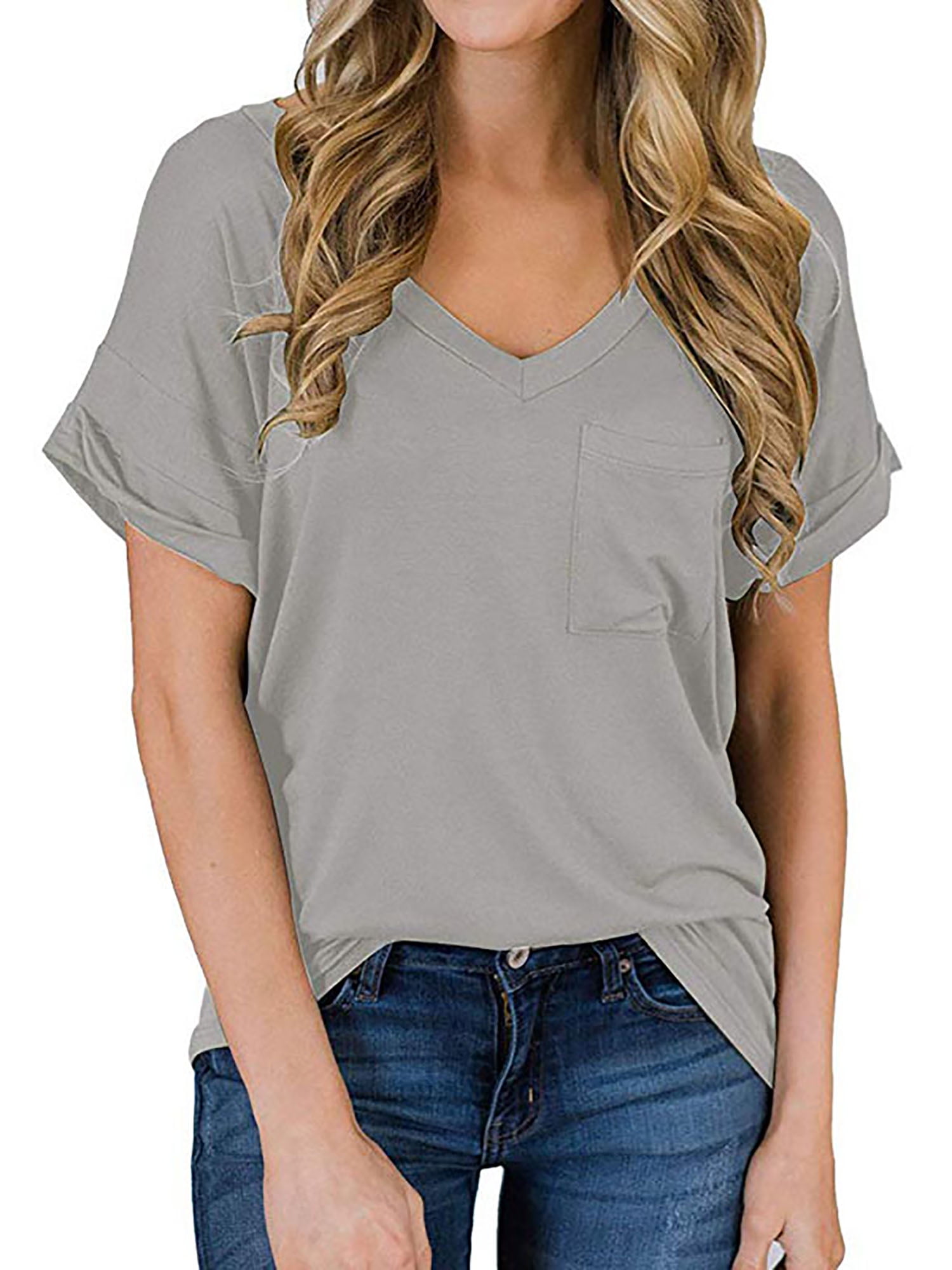 Women T-Shirts Casual Short Sleeve Lady Round Collar Short Sleeve Pocket Top 