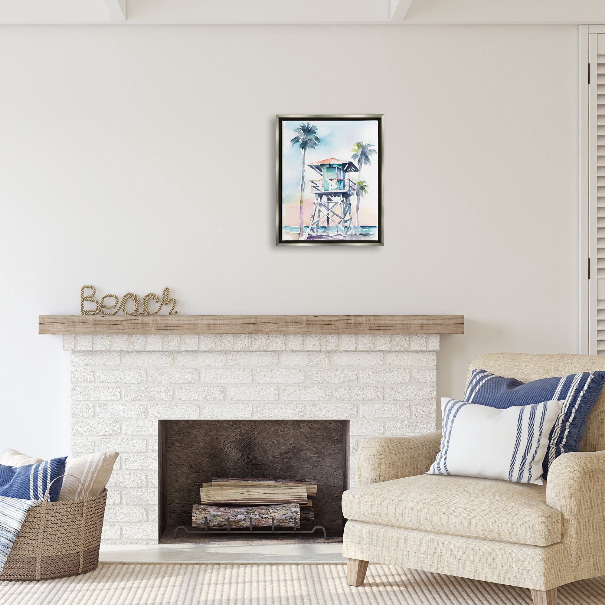 Stupell Industries Lifeguard Hut on Beach Landscape Painting Gray Floater Framed Canvas Art Print Wall Art, 17 x 21