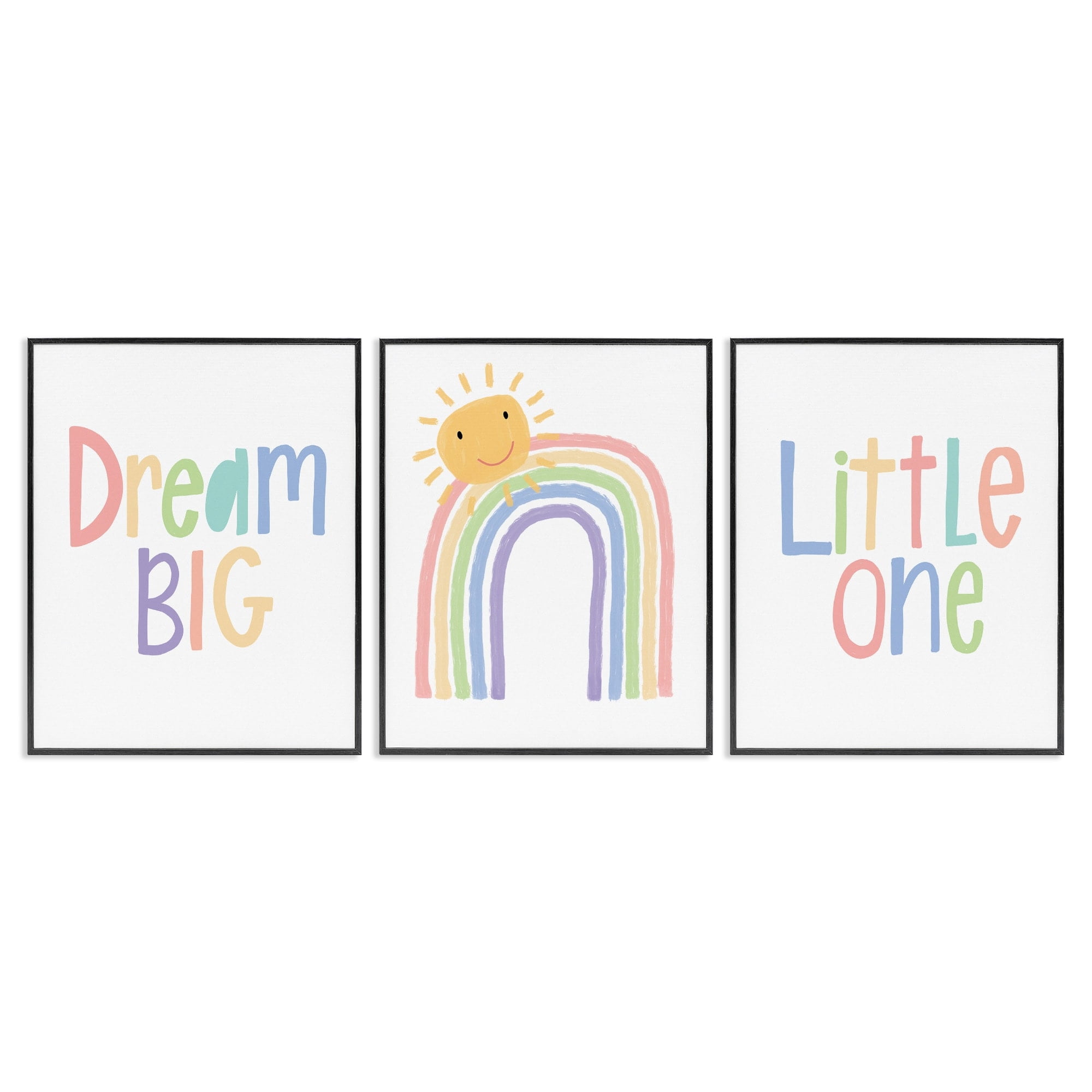 Stupell Industries Dream Big Little One Happy Sun Rainbow Illustration Framed Wall Art Design by Lisa Larson, 3 Piece, 11" x 14", Black Framed