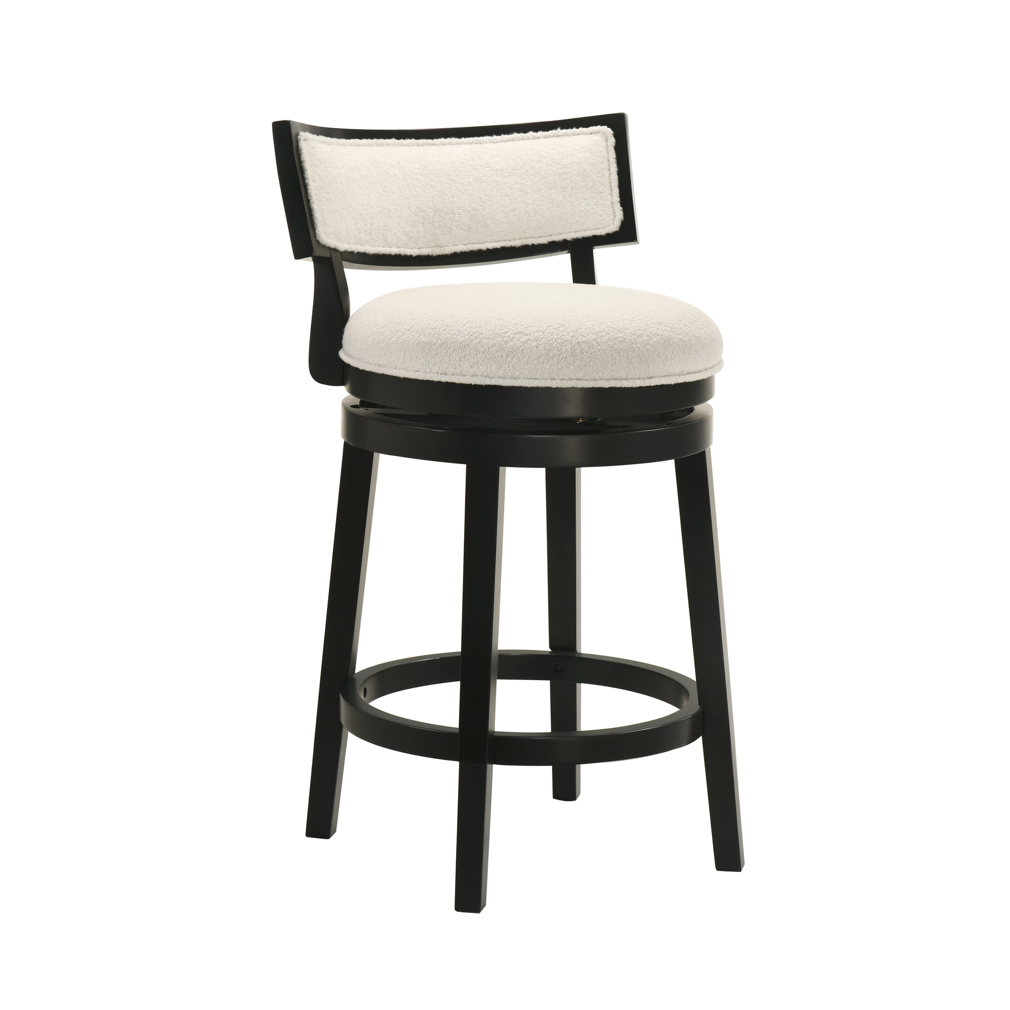 Noely Modern Farmhouse Swivel Wood Counter Height Kitchen Bar Stool in Black Finish with White Boucle Fabric Upholstered Seat - Set of 4