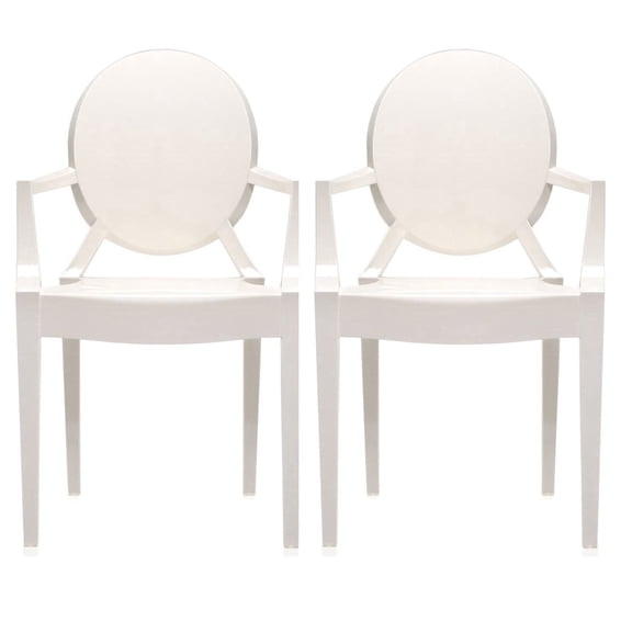 2xhome Set of 2 Modern Farmhouse Coastal Crystal Glossy Dining Chairs with Arms, Oval Back, Stackable Acrylic Armchairs for Kitchen, Dining Room, Patio, Balcony, Indoor and Outdoor Use, White