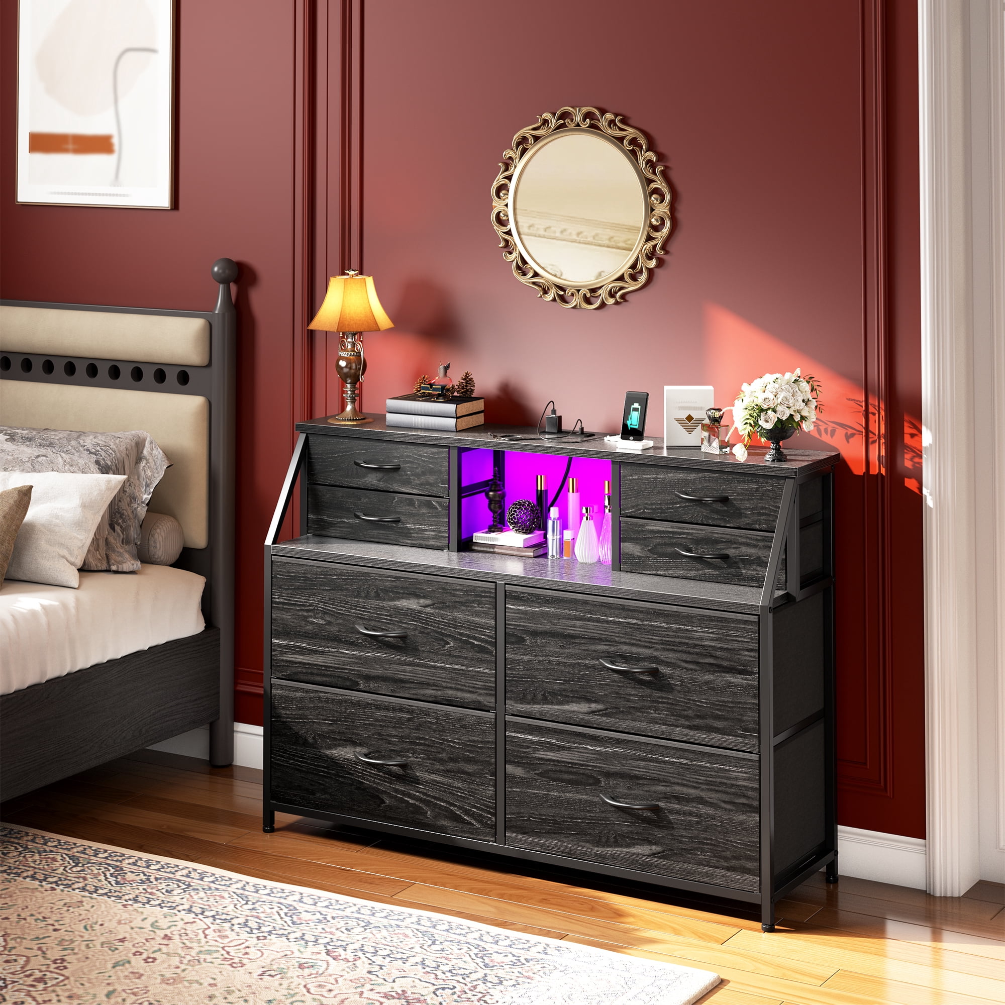 Romorgniz Dresser for Bedroom with 8 Fabric Drawers White Dresser with LED Lights & Charging Station & Open Shelf for Living Room and Entryway
