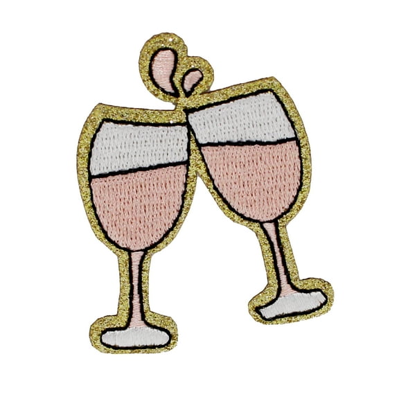 Gwen Studios Embroidered Pink Champagne Toast Iron-on Patch Applique, 1.6" x 2.4"