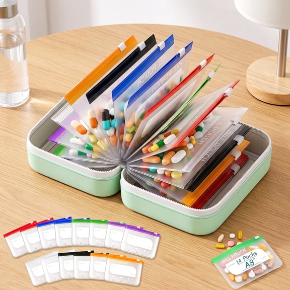 Daily Pill Organizer Case, 14 Zippered Pouches, Waterproof Medication Storage Binder