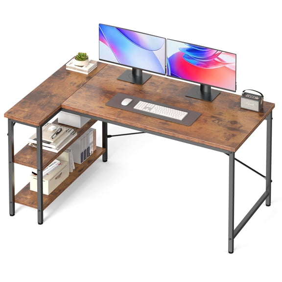 Rustic Brown 39 Inch L Shaped Desk, Computer Gaming Corner Desks with Shelves, Home Office PC Table Writing Working Study Desk