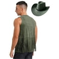 thumbnail image 2 of vastwit Mens Western Cowboy Outfits Open Front Tassel Rivets Waistcoat with Hat Hippie Costume Army Green XXL, 2 of 5