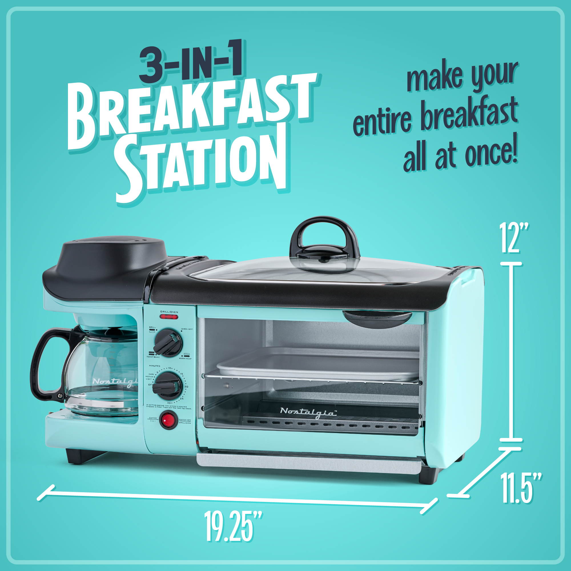 Nostalgia BST3AQ Retro 3-in-1 Family Size Electric Breakfast Station, Coffeemaker, Griddle, Toaster Oven - Aqua - image 2 of 7