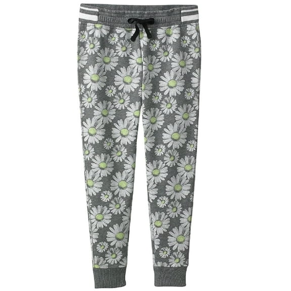 SO Big Girl's Gray Daisies Floral Design Elastic Waistband Fleece Joggers (Size 7-8)