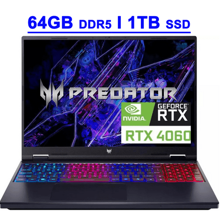 Acer Predator Helios Neo 16 Premium Gaming Laptop 16" WUXGA IPS 165Hz (100% sRGB) Intel 24-Core i9-14900HX 64GB DDR5 1TB SSD GeForce RTX 4060 8GB RGB Backlit Killer AX1675i Win11