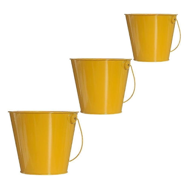 Iron Flower Bucket Garden Planting Bucket Yellow with Handle for Indoor Decoration 3Pcs