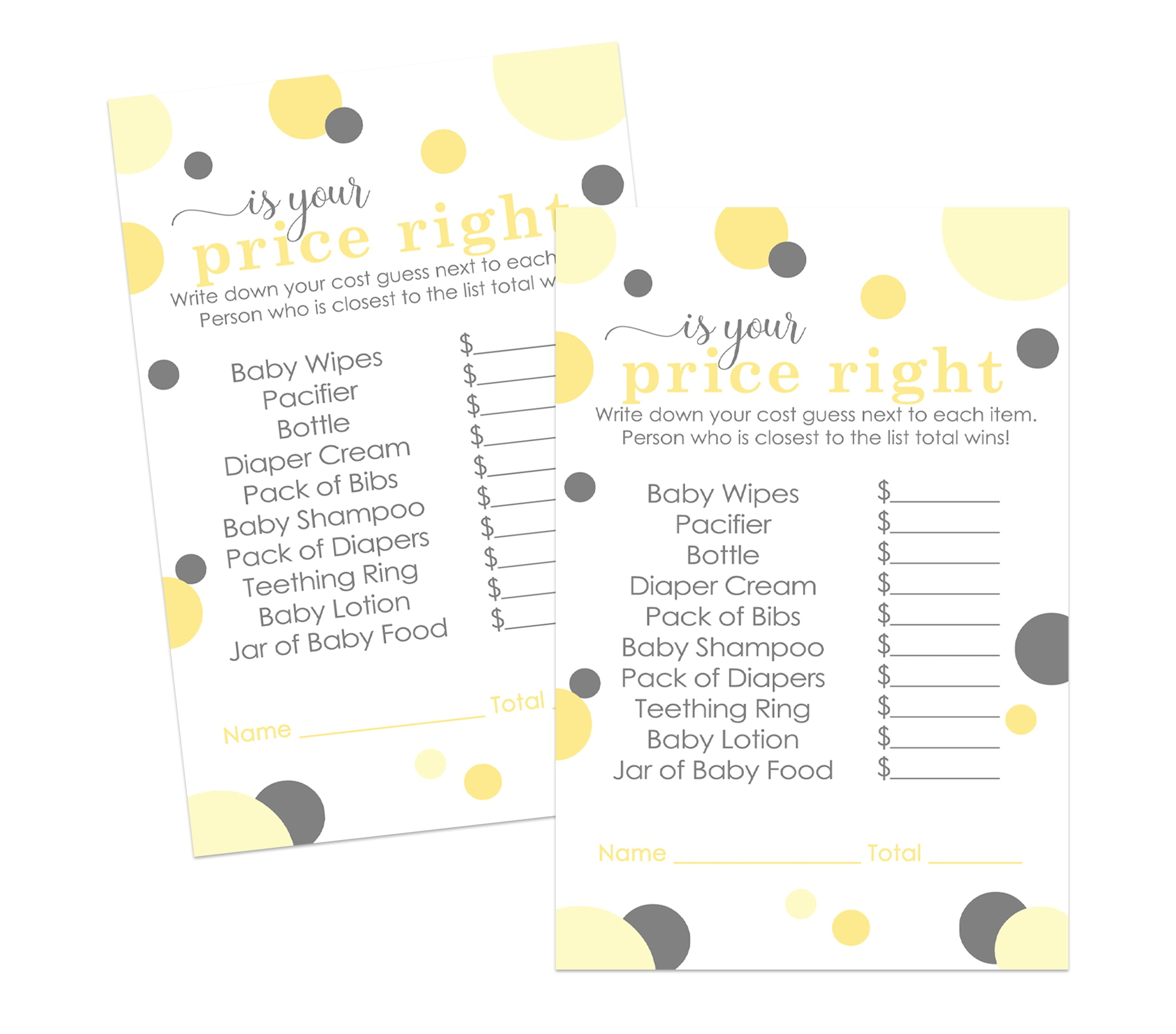 Yellow and Grey Guess the Price Baby Shower Game Cards 25 Pack  Mama Bee Guessing Activity - Gender Reveal Boy Girl - 4x6 Size Set Printed - Paper Clever Party