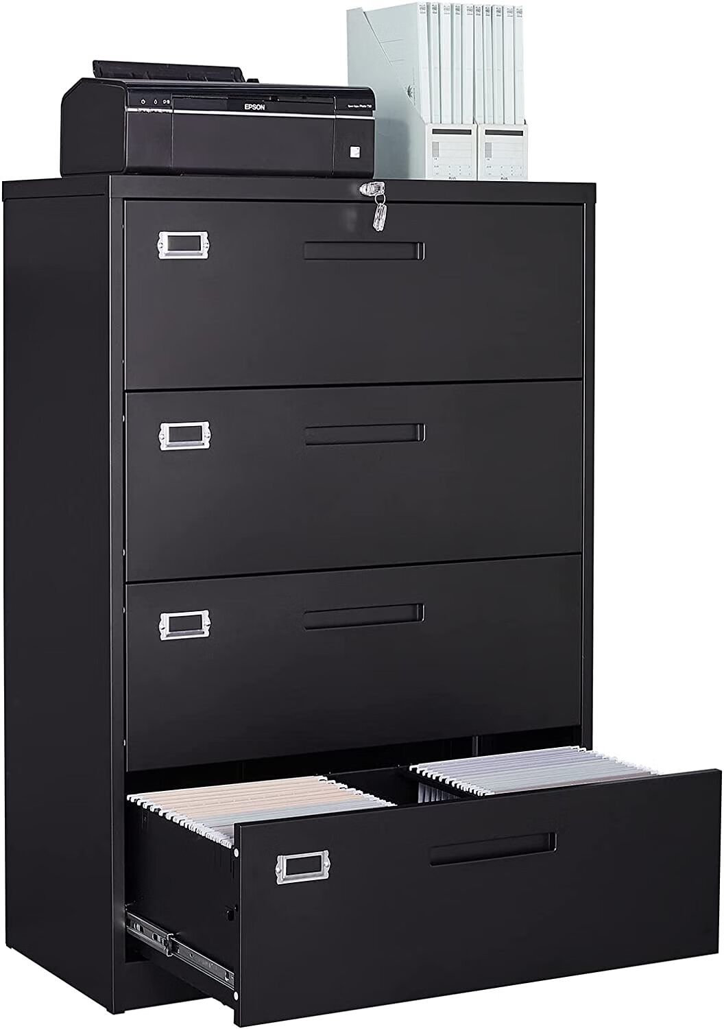 STANI 4 Drawer Lateral File with Lock, Black Lateral Filing