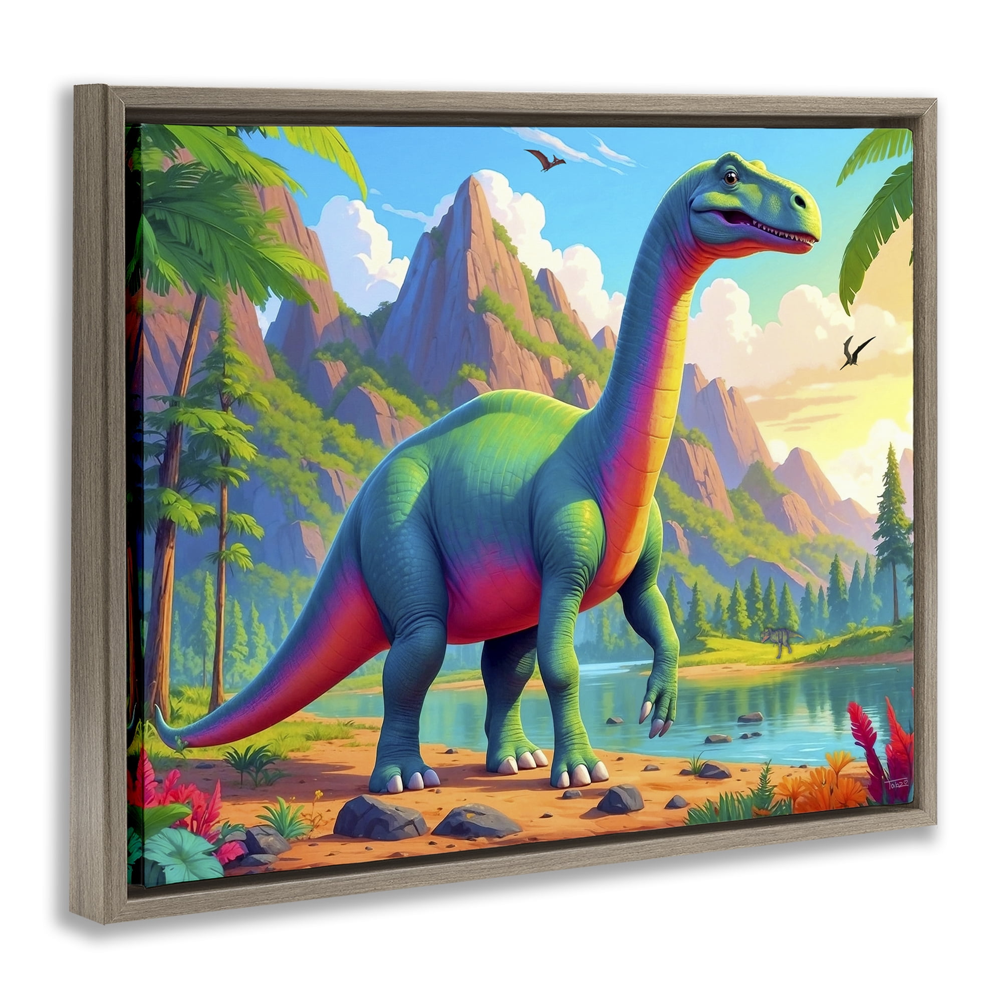 Stupell Industries Vibrant Brontosaurus by River Brown Framed Floater Canvas Wall Art, design by Tabz Jones