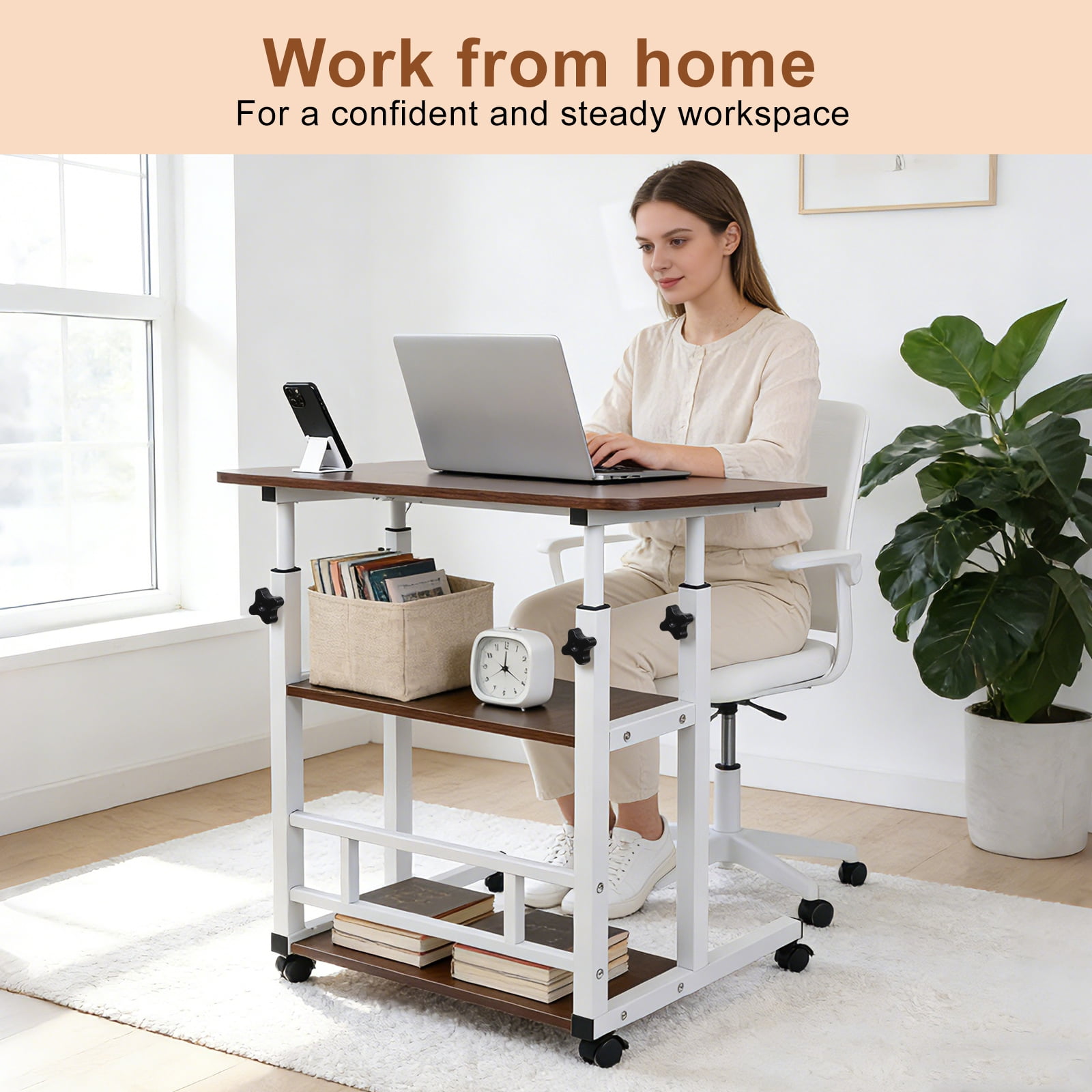 32 Inch Rolling Desk Rustic Adjustable Height Small Standing Desk on Wheels with Storage Shelves Portable Computer Desk Drafting Table for Home Office Small Spaces