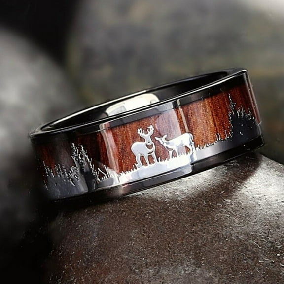 Black Ring Wood Inlay Deer Stag Ring Mens Wedding Mother's Day Birthday Anniversary Gifts for Mom Of The Day