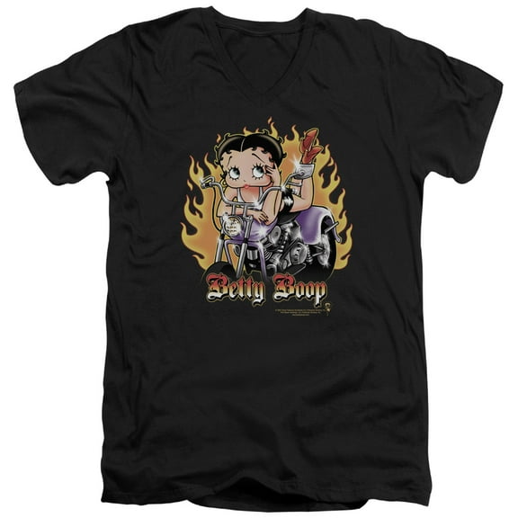 Betty Boop Biker Flames Boop S/S Adult V-Neck T-Shirt Black