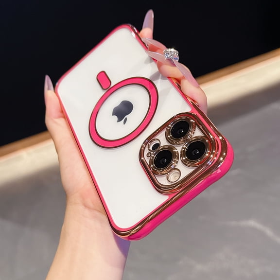 Compatible with MagSafe For iPhone 16 Pro Case,Clear Phone Case with Luxury Rose Gold Electroplated Bumper & Camera Lens Protection, Slim Shockproof Cover for Women Girls,Red